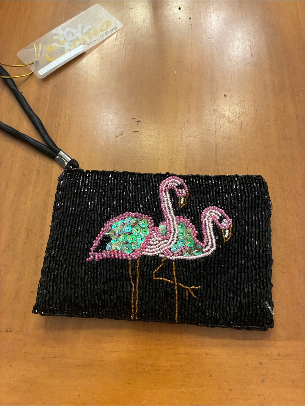 Beaded Black Flamingo Wristlet Clutch - Pink & Green Embellishment